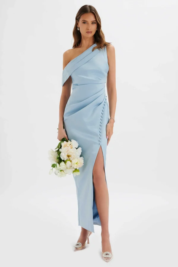 Online Lavish Alice Joanna Bonded Satin Pleated Maxi Dress In Dusty Blue