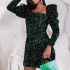 Fashion Lavish Alice Jodie Velvet Sequin Puff Shoulder Mini Dress In Emerald Green