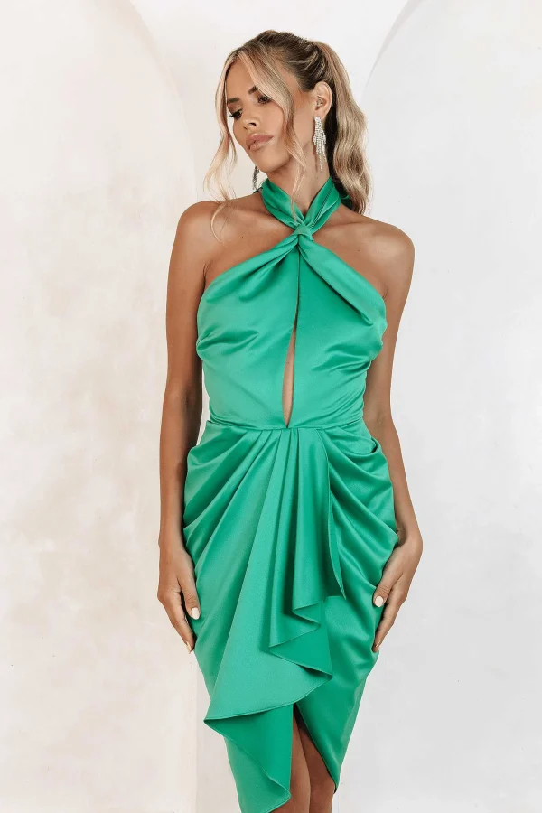 Cheap Lavish Alice Josephine Satin Knot Front Halter Midi Dress In Green