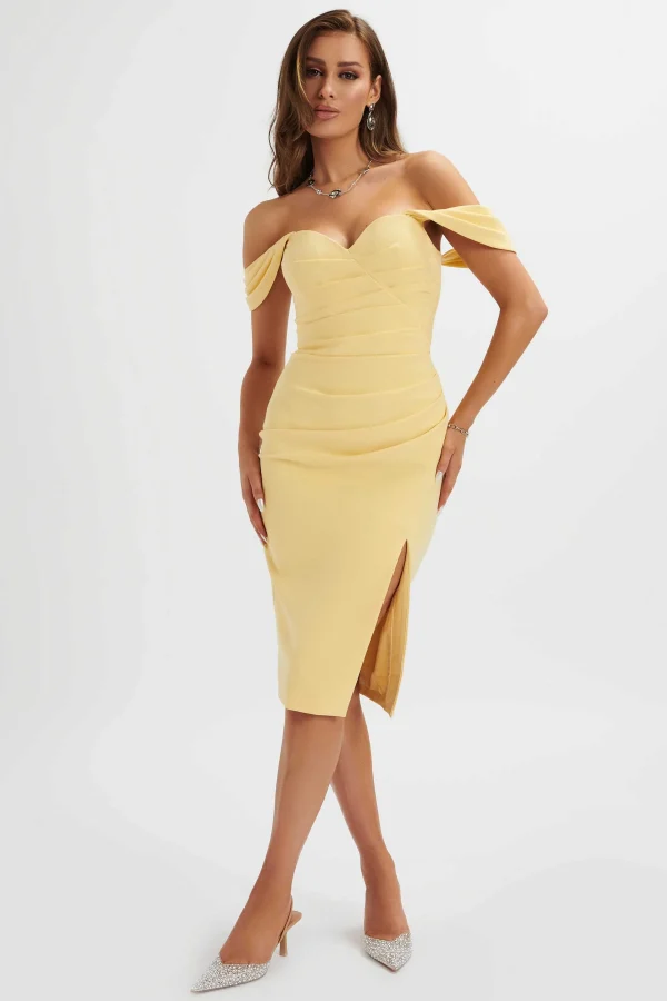 Discount Lavish Alice Julia Pleated Bardot Midi Dress In Yellow