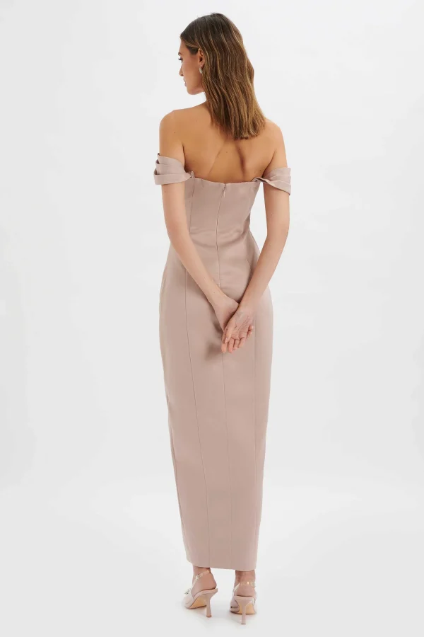 New Lavish Alice Kaitlin Bonded Satin Off Shoulder Maxi Dress In Mink