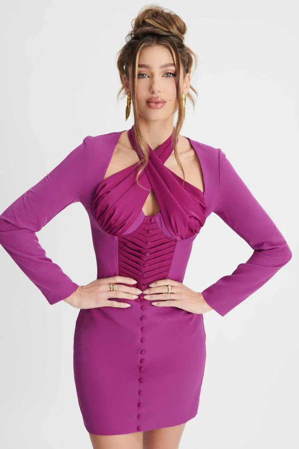 Best Sale Lavish Alice Kali Satin Mix Halterneck Mini Dress In Purple