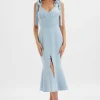 Online Lavish Alice Kamila Tie Strap Micro Button Midi Dress In Deep Corn Flower Blue