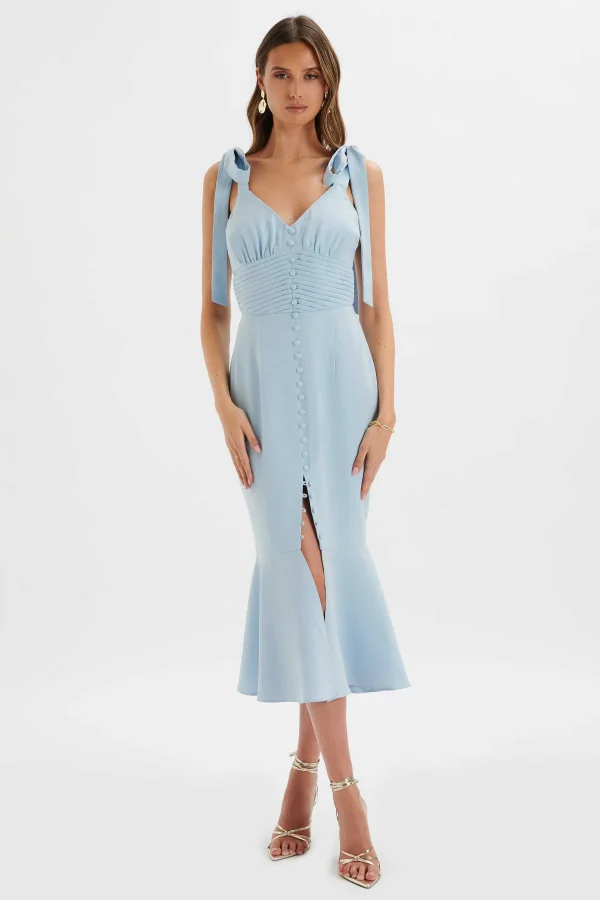 Online Lavish Alice Kamila Tie Strap Micro Button Midi Dress In Deep Corn Flower Blue