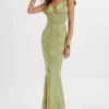 Cheap Lavish Alice Kamila Tie Strap Micro Button Satin Maxi Dress In Green Floral