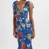 Cheap Lavish Alice Kamila Tie Strap Micro Button Longline Midi Dress In Blue Floral Satin