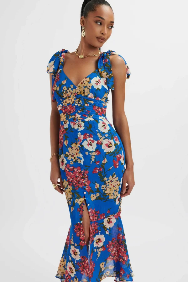 Cheap Lavish Alice Kamila Tie Strap Micro Button Longline Midi Dress In Blue Floral Satin