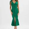 Hot Lavish Alice Kamila Tie Strap Micro Button Satin Midi Dress In Emerald Green