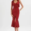 Sale Lavish Alice Kamila Tie Strap Micro Button Satin Midi Dress In Burgundy