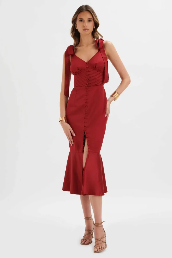 Sale Lavish Alice Kamila Tie Strap Micro Button Satin Midi Dress In Burgundy