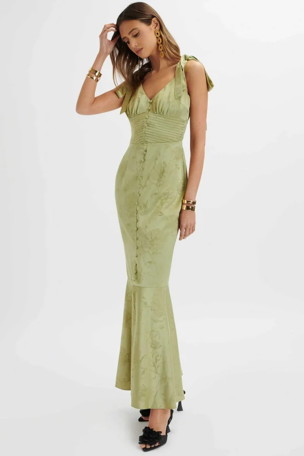 Cheap Lavish Alice Kamila Tie Strap Micro Button Satin Maxi Dress In Green Floral