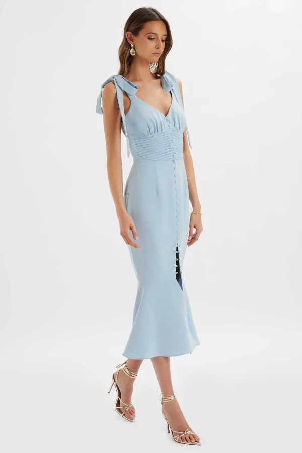 Online Lavish Alice Kamila Tie Strap Micro Button Midi Dress In Deep Corn Flower Blue