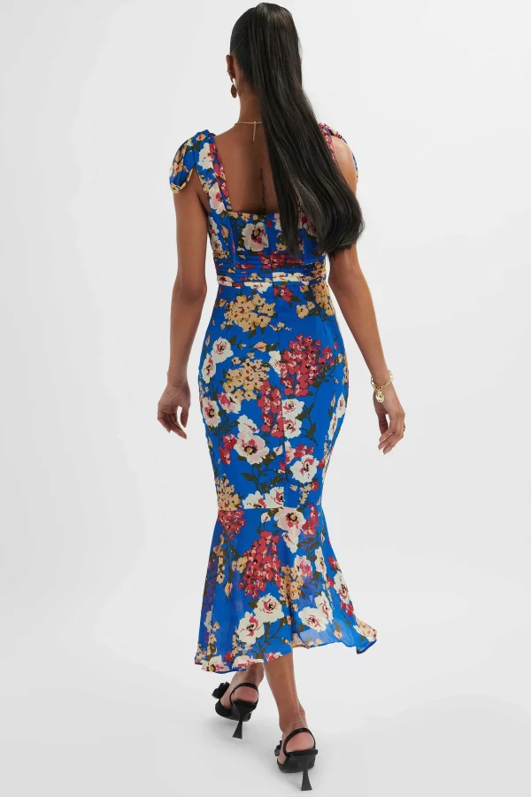 Cheap Lavish Alice Kamila Tie Strap Micro Button Longline Midi Dress In Blue Floral Satin