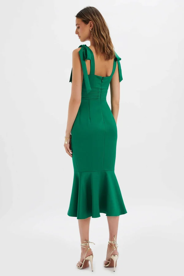 Hot Lavish Alice Kamila Tie Strap Micro Button Satin Midi Dress In Emerald Green