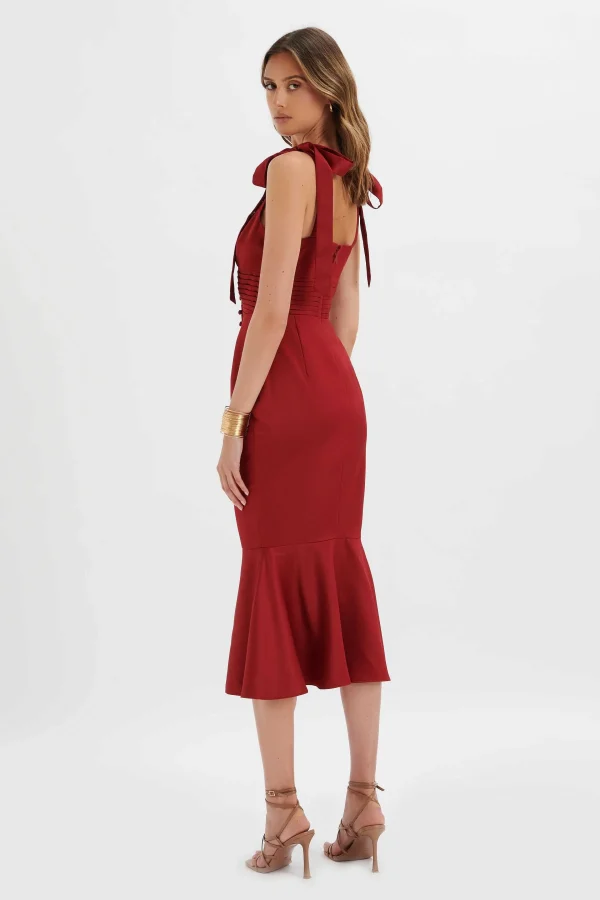 Sale Lavish Alice Kamila Tie Strap Micro Button Satin Midi Dress In Burgundy