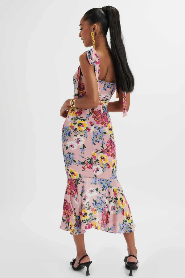 Store Lavish Alice Kamila Tie Strap Micro Button Longline Midi Dress In Pink Floral Satin