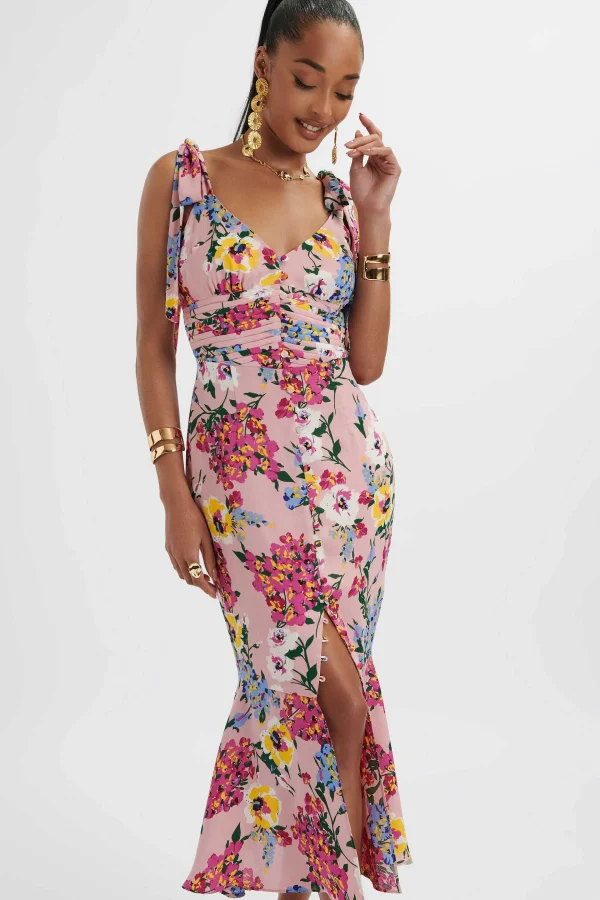 Store Lavish Alice Kamila Tie Strap Micro Button Longline Midi Dress In Pink Floral Satin