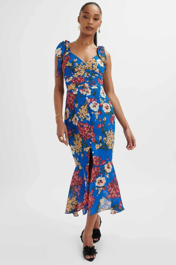 Cheap Lavish Alice Kamila Tie Strap Micro Button Longline Midi Dress In Blue Floral Satin