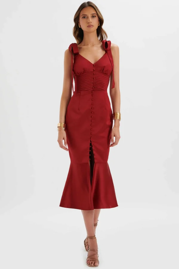 Sale Lavish Alice Kamila Tie Strap Micro Button Satin Midi Dress In Burgundy