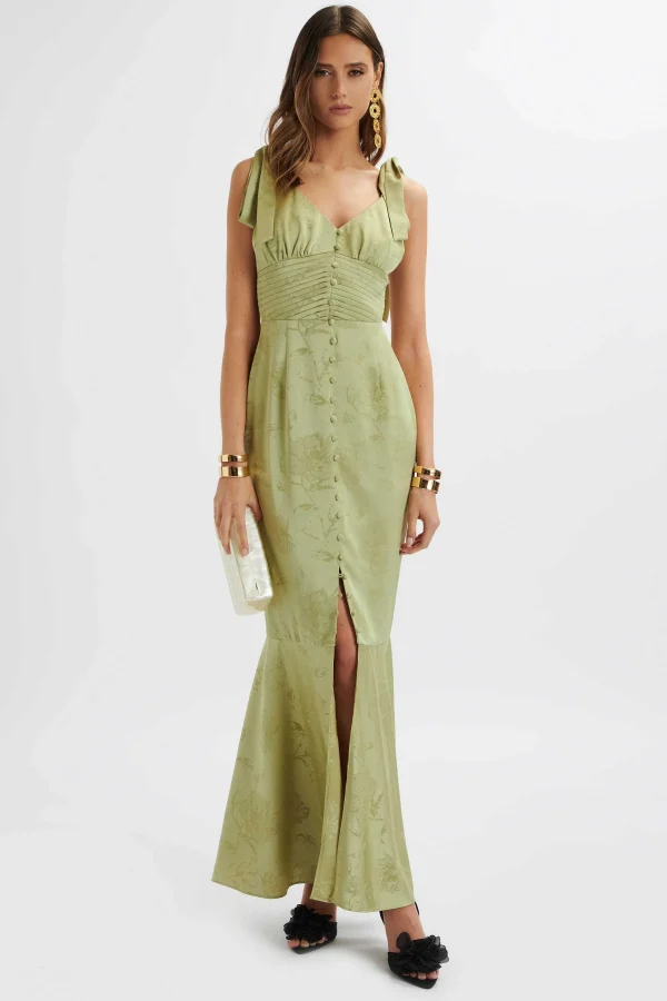 Cheap Lavish Alice Kamila Tie Strap Micro Button Satin Maxi Dress In Green Floral