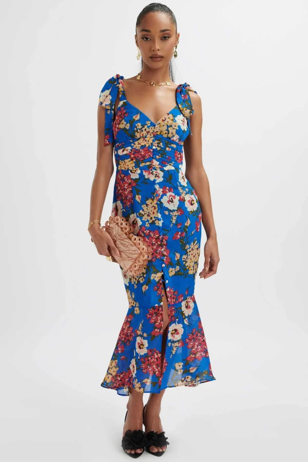 Cheap Lavish Alice Kamila Tie Strap Micro Button Longline Midi Dress In Blue Floral Satin