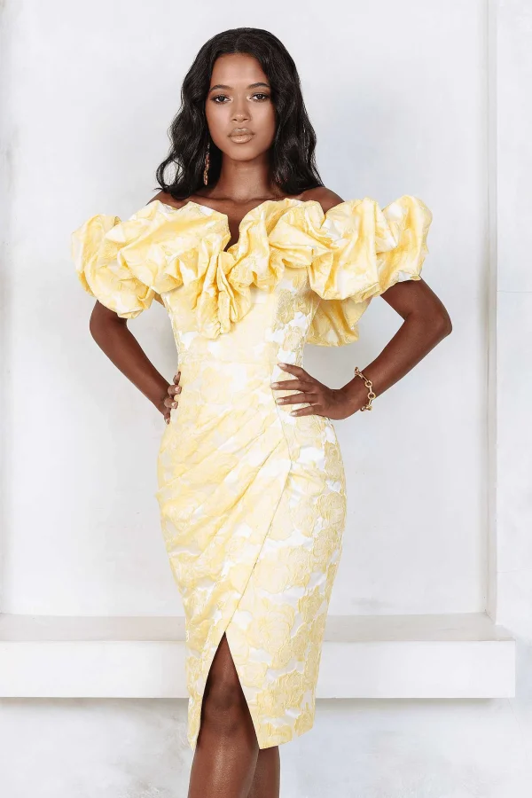 Store Lavish Alice Katie Rose Brocade Off Shoulder Midi Dress In Yellow