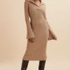 Online Lavish Alice Kaya Knitted Ribbed Collar Midi Dress In Camel