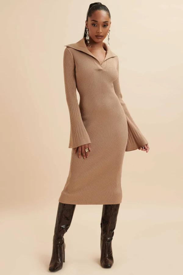 Online Lavish Alice Kaya Knitted Ribbed Collar Midi Dress In Camel