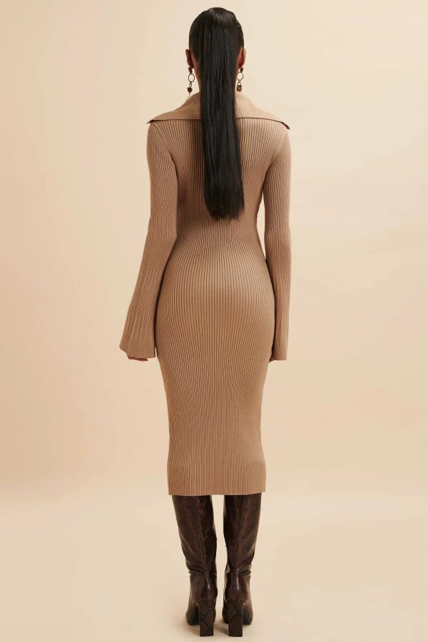 Online Lavish Alice Kaya Knitted Ribbed Collar Midi Dress In Camel