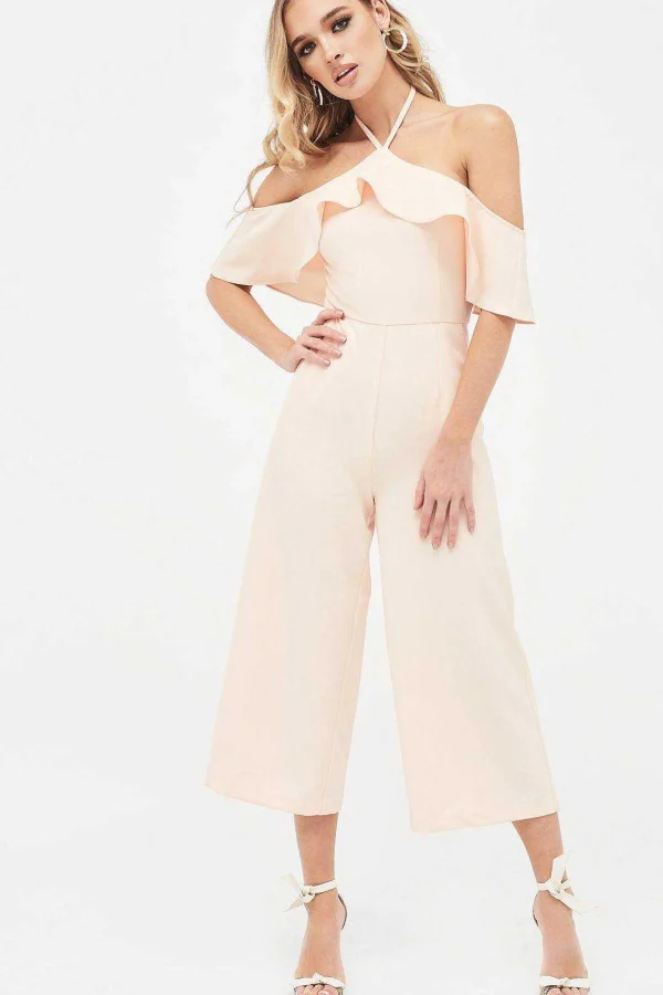 Best Sale Lavish Alice Kennedy Bardot Frill Halterneck Culotte Leg Jumpsuit In Nude