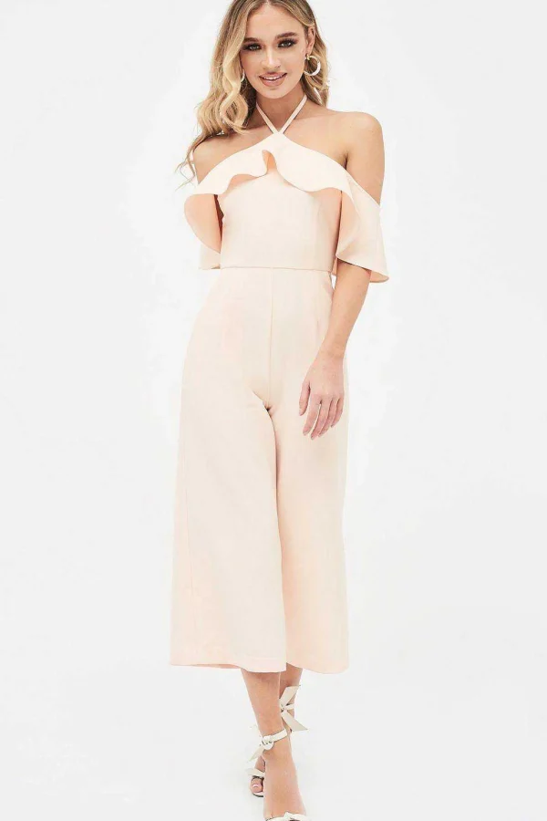 Best Sale Lavish Alice Kennedy Bardot Frill Halterneck Culotte Leg Jumpsuit In Nude