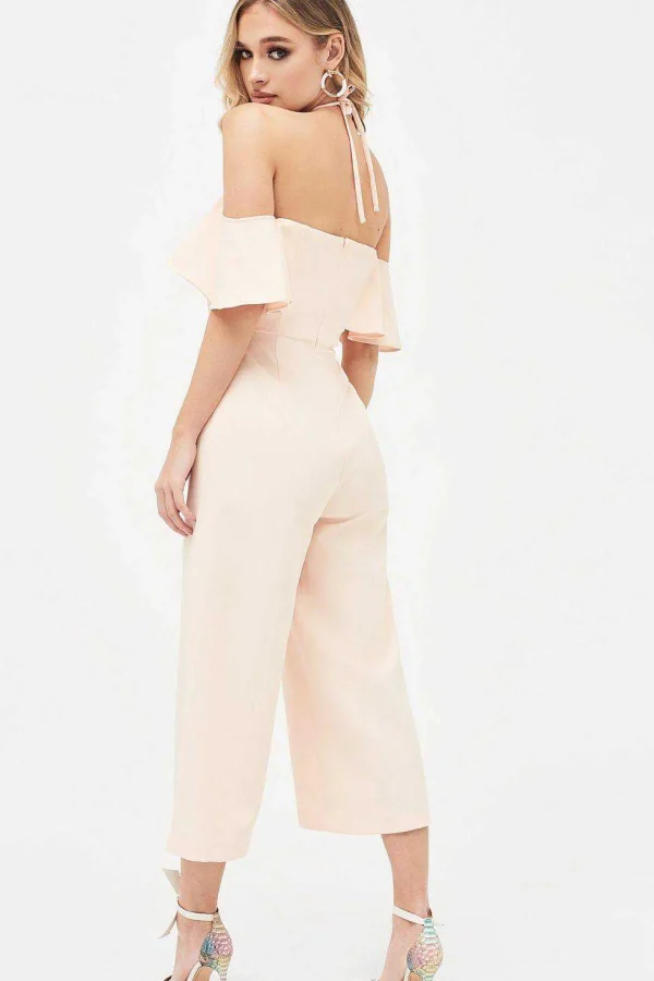 Best Sale Lavish Alice Kennedy Bardot Frill Halterneck Culotte Leg Jumpsuit In Nude