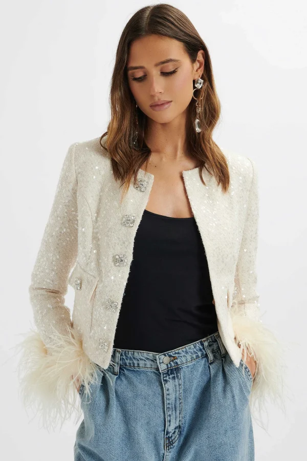 Sale Lavish Alice Laria Sequin Boucle Cropped Jacket With Feather Cuffs In Beige