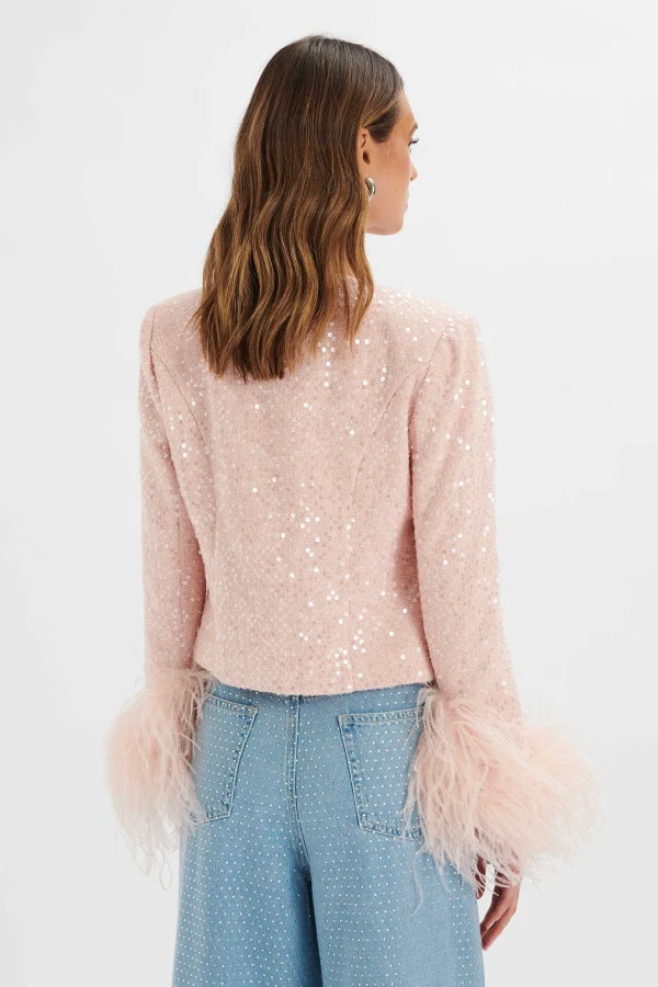 Hot Lavish Alice Laria Sequin Boucle Jacket With Feather Cuffs In Pink