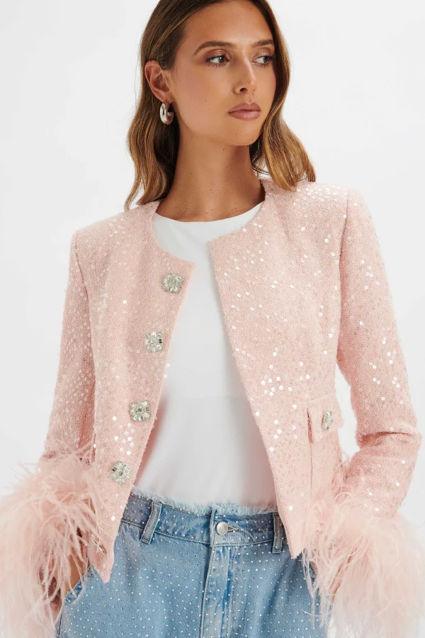 Hot Lavish Alice Laria Sequin Boucle Jacket With Feather Cuffs In Pink