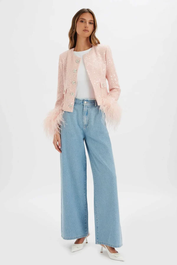 Hot Lavish Alice Laria Sequin Boucle Jacket With Feather Cuffs In Pink