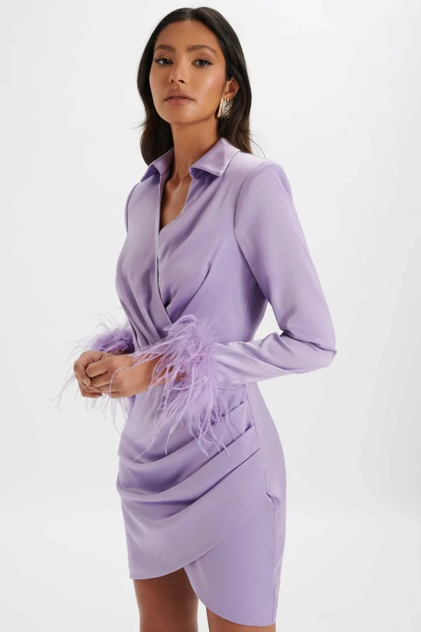 Discount Lavish Alice Laura Satin Mini Shirt Dress With Feather Cuffs In Lavender