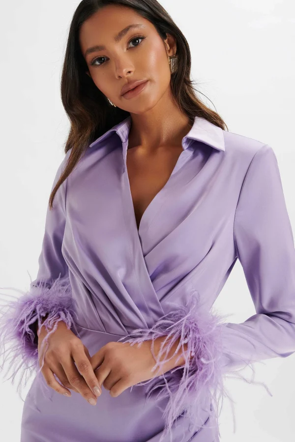 Discount Lavish Alice Laura Satin Mini Shirt Dress With Feather Cuffs In Lavender