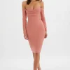 Online Lavish Alice Lila Bardot Draped Bust Bodycon Midi Dress In Rose Pink