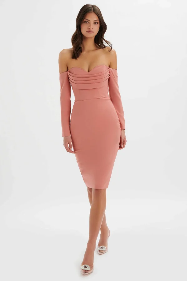 Online Lavish Alice Lila Bardot Draped Bust Bodycon Midi Dress In Rose Pink