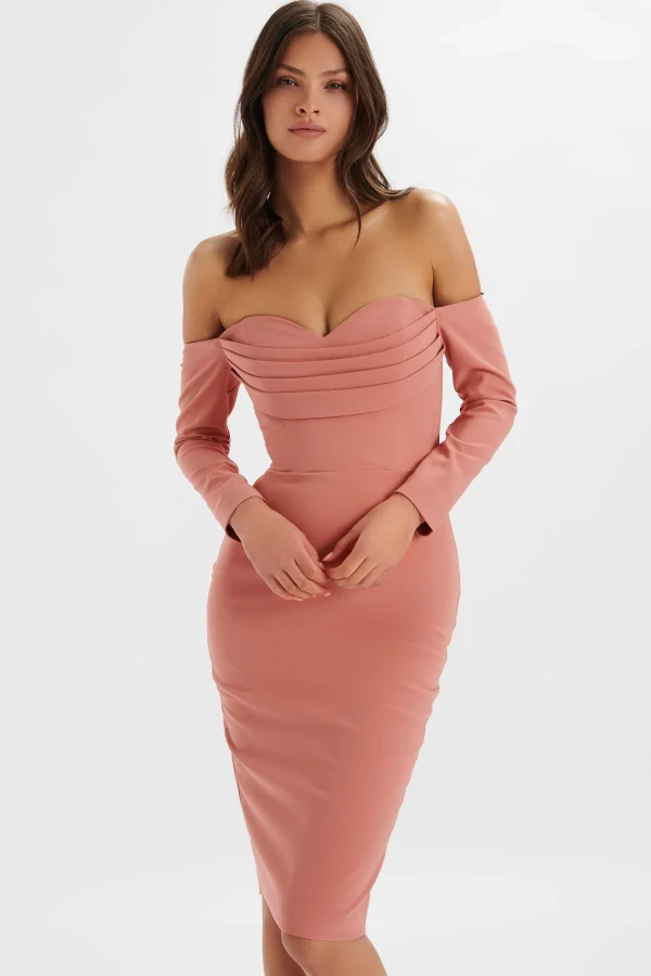 Online Lavish Alice Lila Bardot Draped Bust Bodycon Midi Dress In Rose Pink