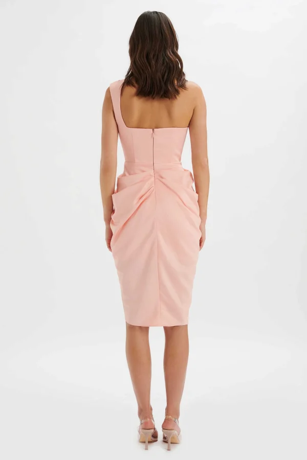 Fashion Lavish Alice Luciana Curved One Shoulder Midi Dress In Coral Satin