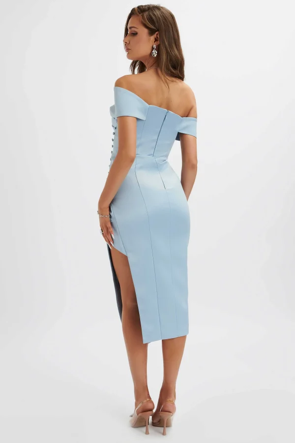 New Lavish Alice Lucille Bardot Bandeau Pleated Midi Dress In Cornflower Blue