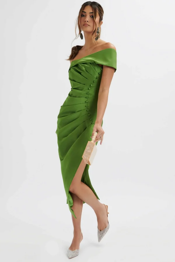 Shop Lavish Alice Lucille Bardot Bandeau Pleated Midi Dress In Green