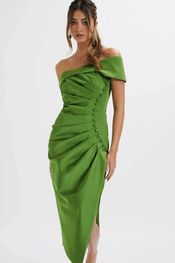 Shop Lavish Alice Lucille Bardot Bandeau Pleated Midi Dress In Green