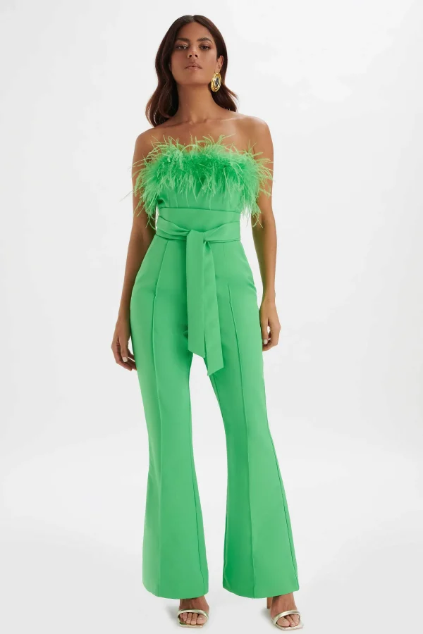 Fashion Lavish Alice Lucinda Feather Bandeau Fit And Flare Jumpsuit In Apple Green