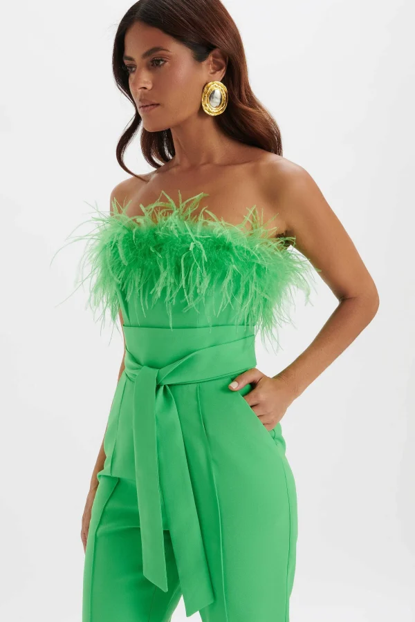 Fashion Lavish Alice Lucinda Feather Bandeau Fit And Flare Jumpsuit In Apple Green