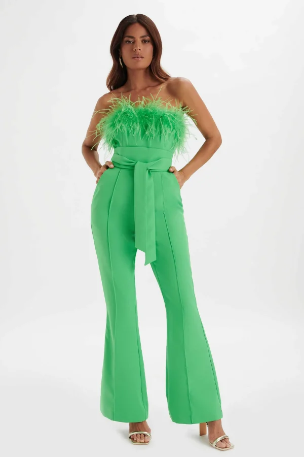 Fashion Lavish Alice Lucinda Feather Bandeau Fit And Flare Jumpsuit In Apple Green