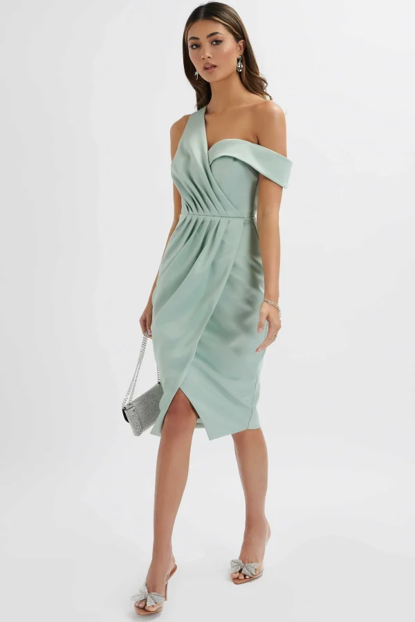 Fashion Lavish Alice Maja One Shoulder Pleated Bonded Satin Midi Dress In Sage Green