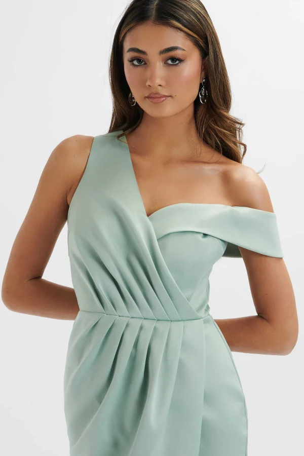 Fashion Lavish Alice Maja One Shoulder Pleated Bonded Satin Midi Dress In Sage Green